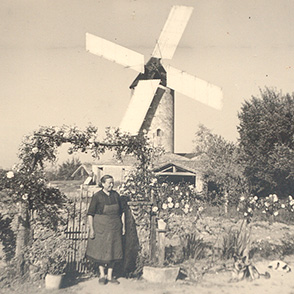 Amélina BARRETEAU (1910- 2006) prend la pose pendant que son époux, Marcel BURGAUD (1906-1978) travaille au moulin et reçoit les visiteurs. Cliché de 1960